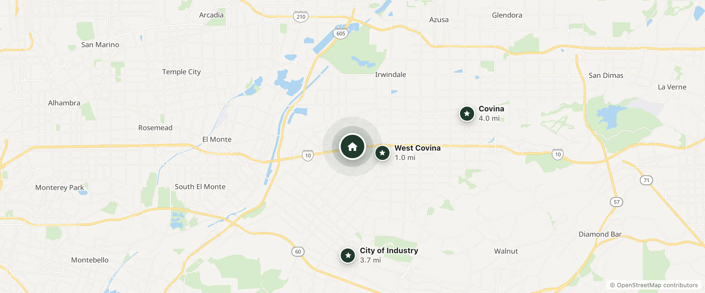 Map of Courtyard by Marriott Los Angeles Baldwin Park and nearby West Covina, City of Industry and Covina