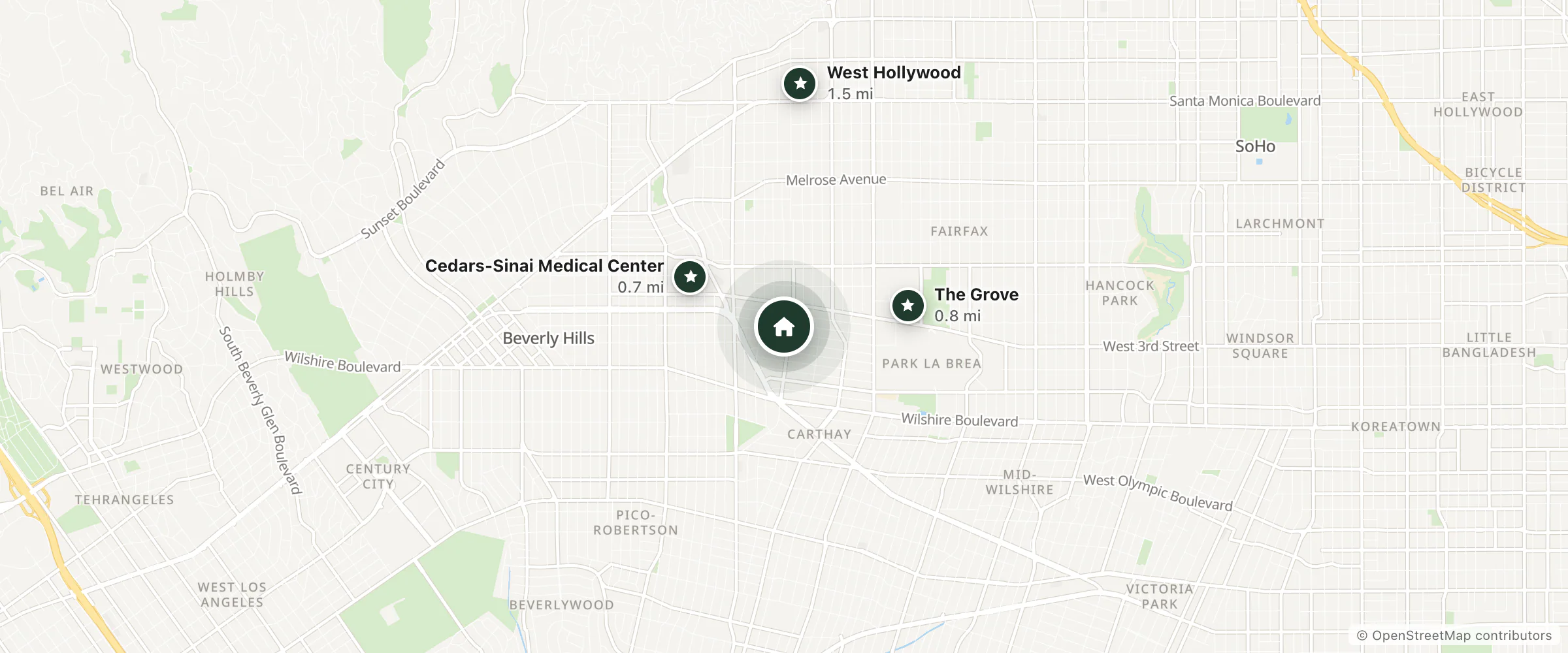 Map of Garden Cottage B & B and nearby Cedars-Sinai Medical Center, The Grove and West Hollywood