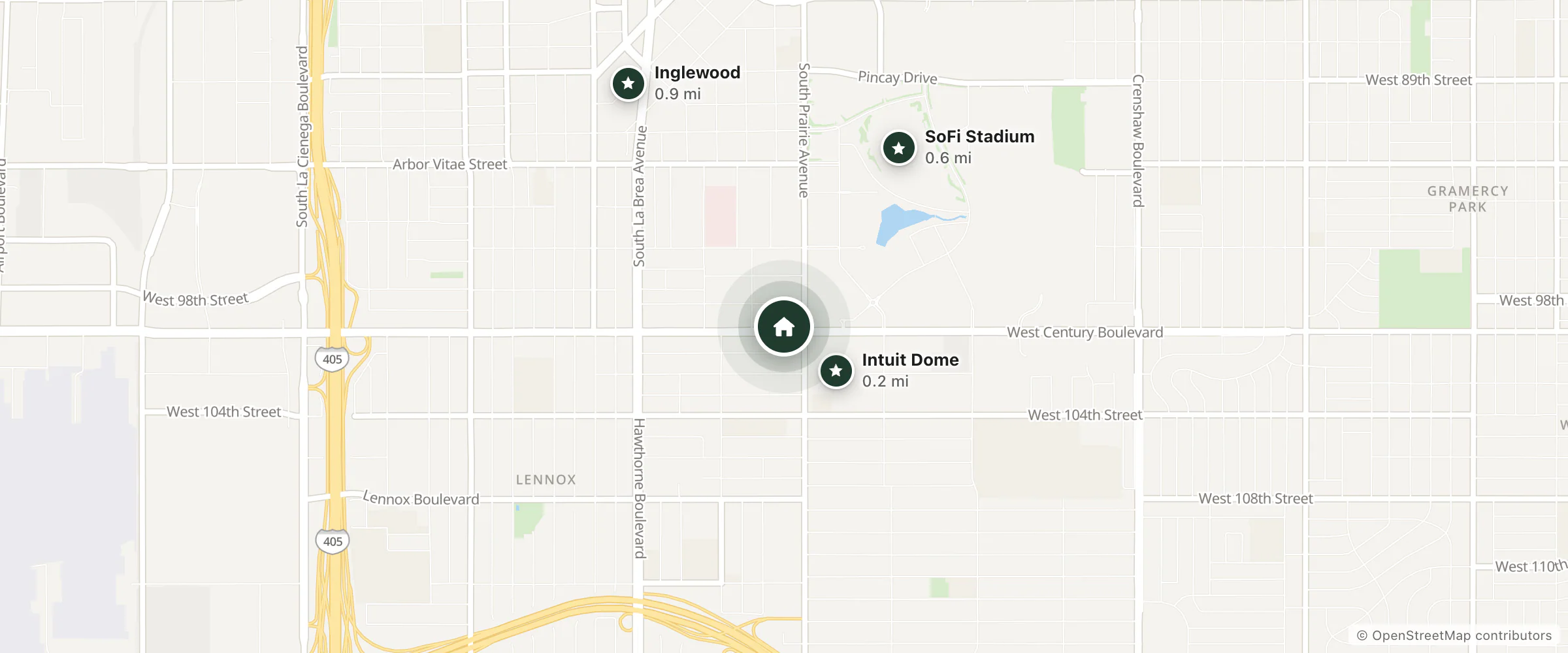 Map of Holly Crest Hotel and nearby Intuit Dome, SoFi Stadium and Inglewood