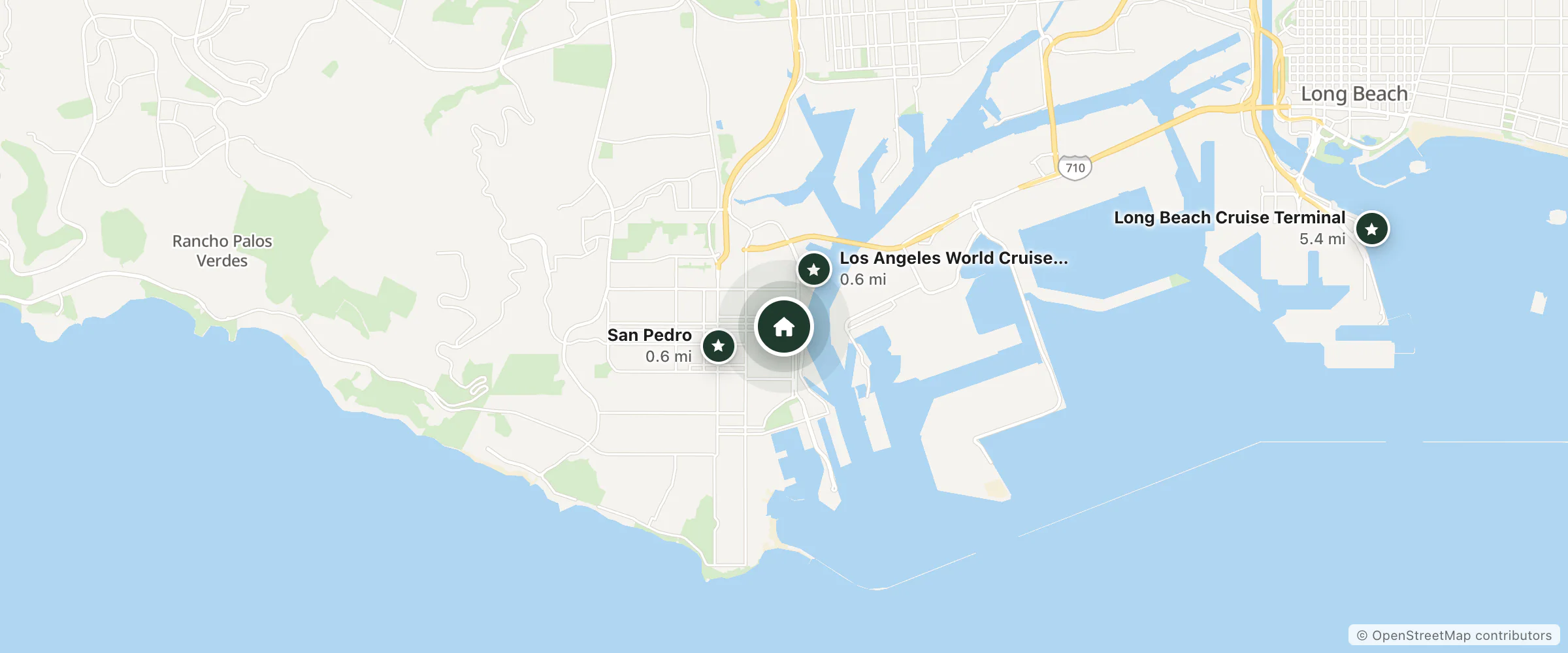 Map of Crowne Plaza Los Angeles Harbor Hotel and nearby Los Angeles World Cruise Center, San Pedro and Long Beach Cruise Terminal