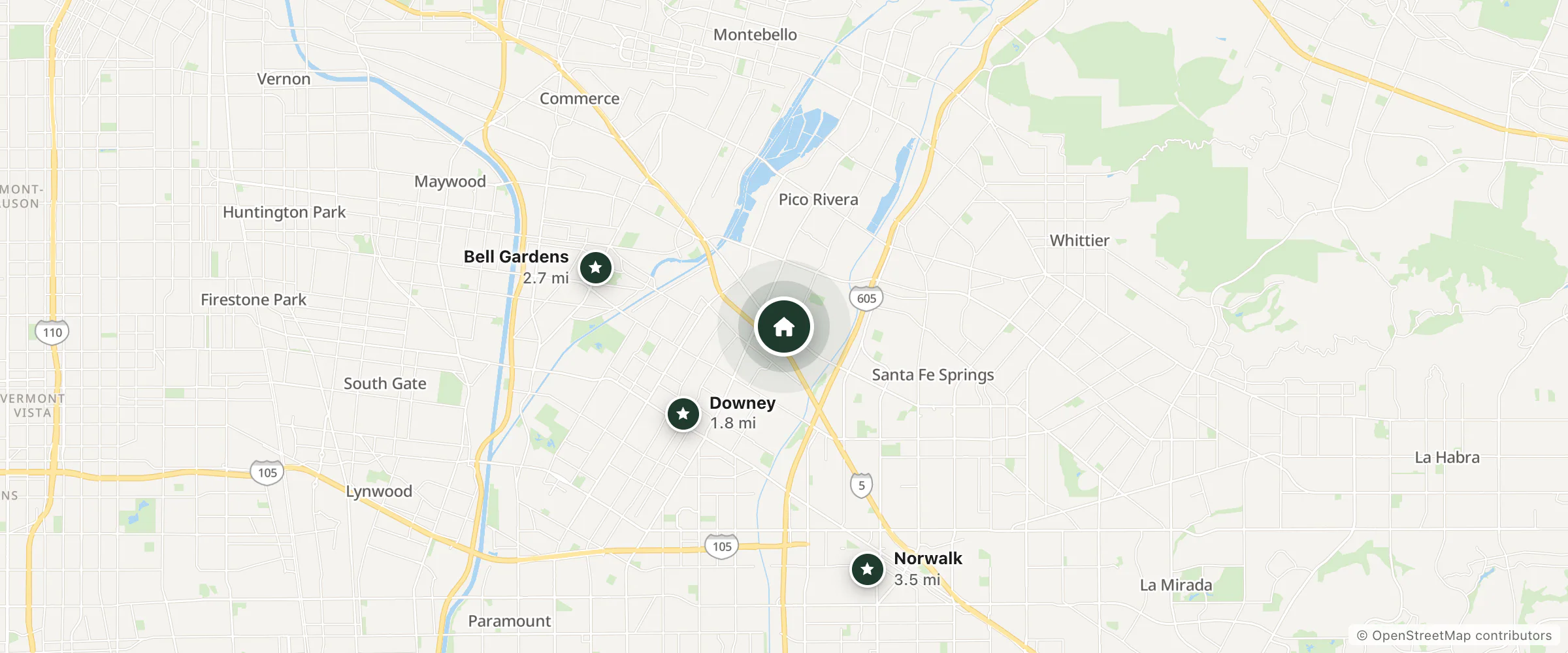 Map of Cloud 9 Motel and nearby Downey, Bell Gardens and Norwalk