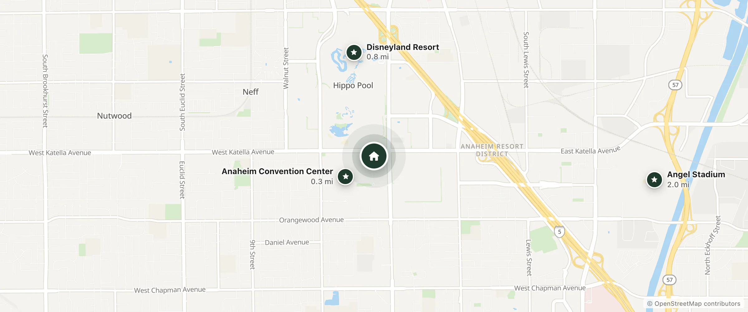 Map of Residence Inn by Marriott at Anaheim Resort/Convention Center and nearby Anaheim Convention Center, Disneyland Resort and Angel Stadium