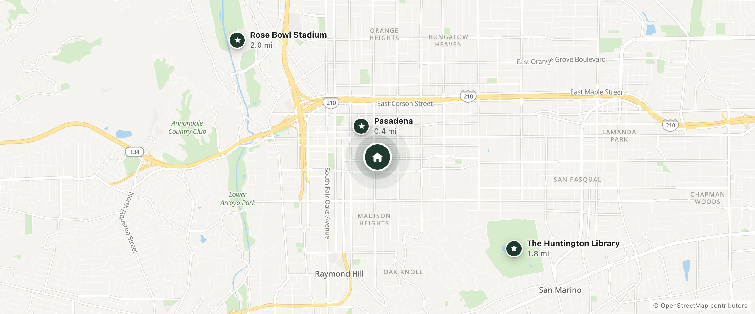 Map of Hilton Pasadena and nearby Pasadena, The Huntington Library and Rose Bowl Stadium