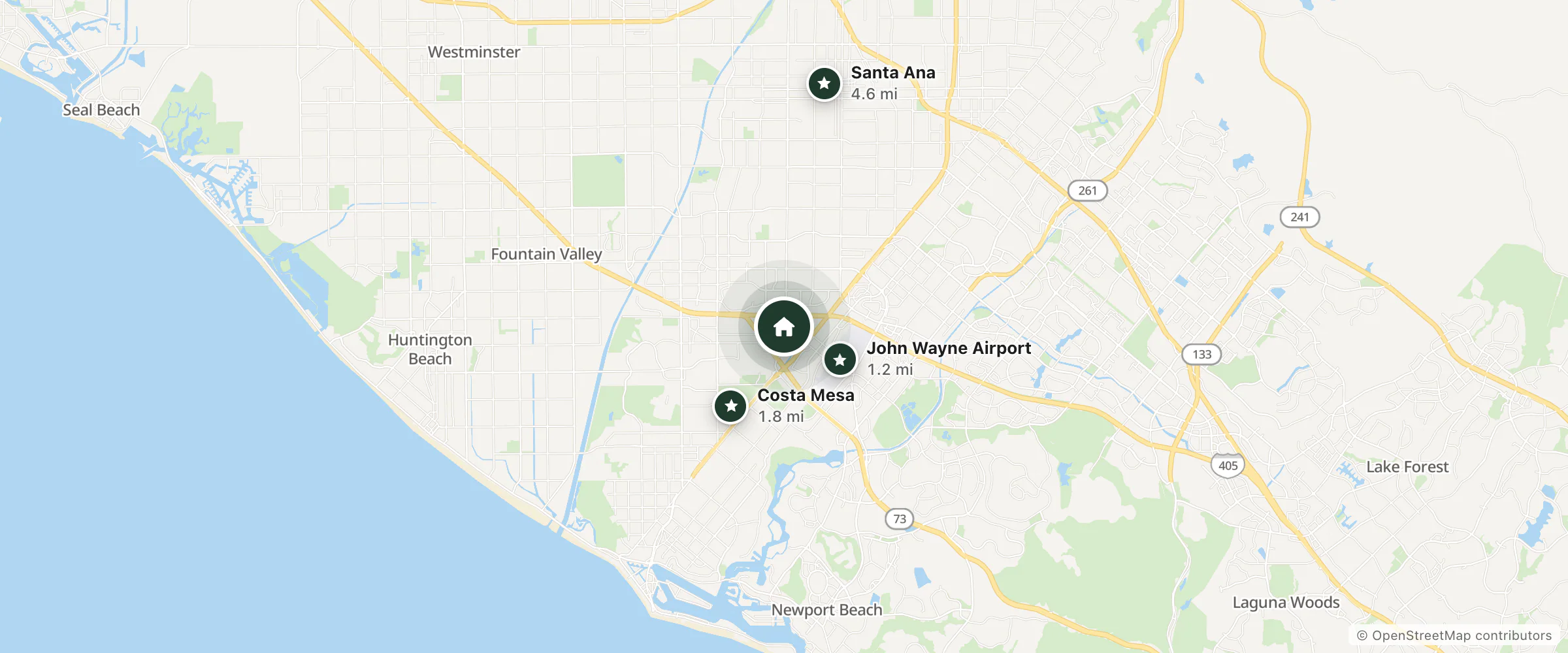 Map of Crowne Plaza Costa Mesa Orange County and nearby John Wayne Airport, Costa Mesa and Santa Ana