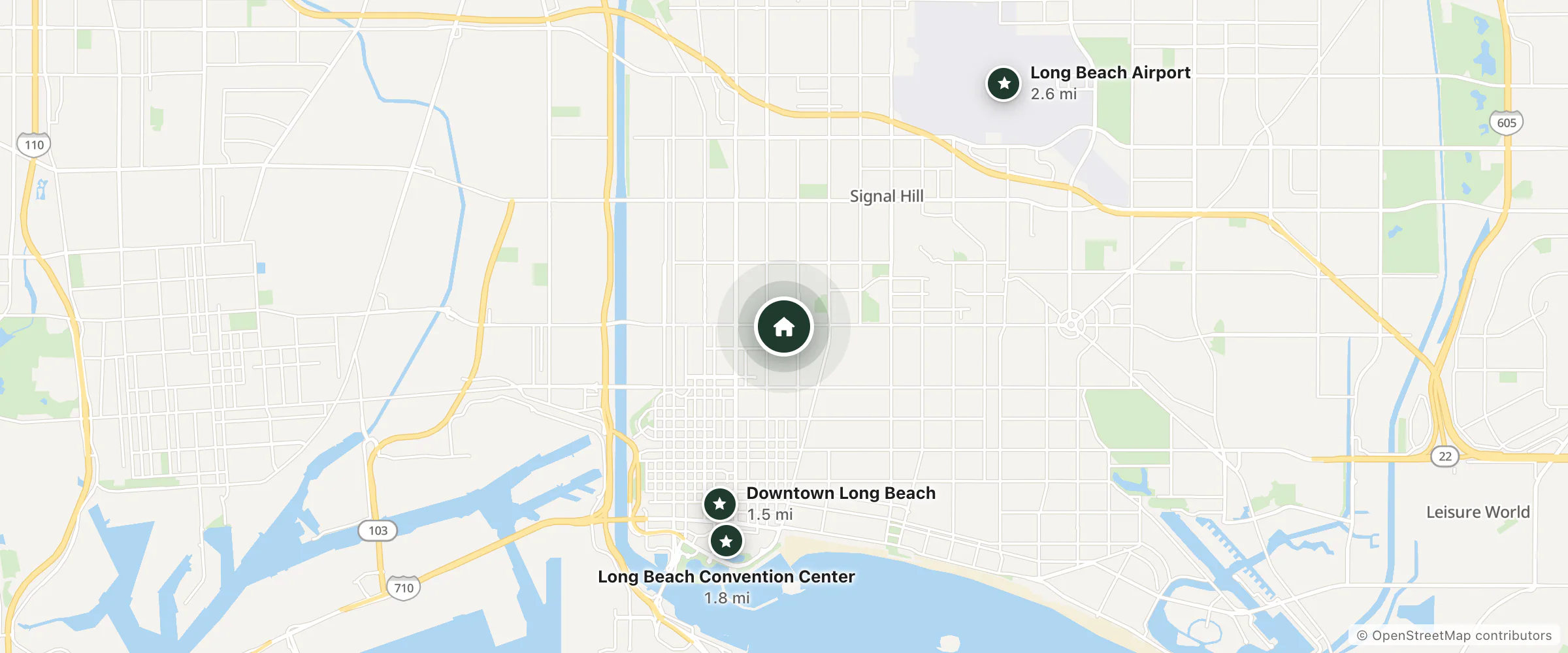 Map of Colonial Pool & Spa Motel and nearby Downtown Long Beach, Long Beach Convention Center and Long Beach Airport