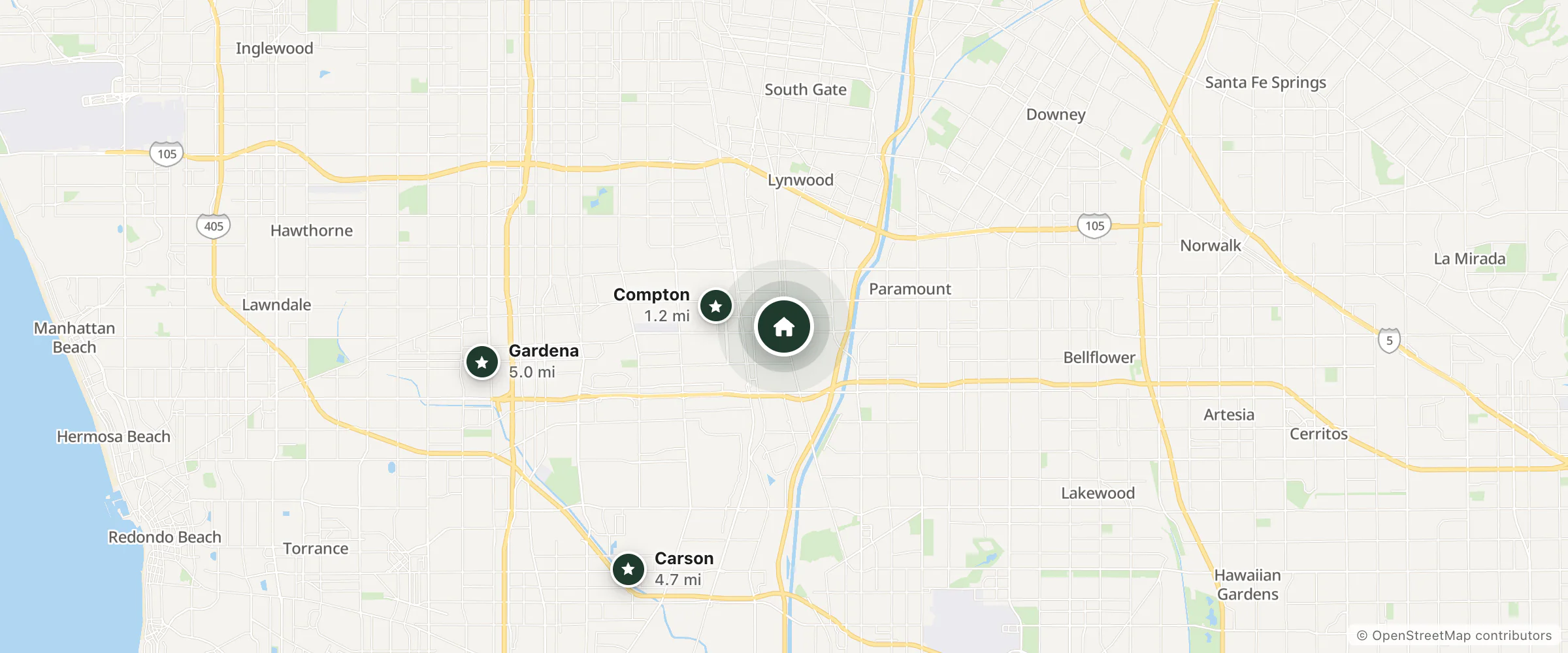 Map of Hub Motel and nearby Compton, Carson and Gardena