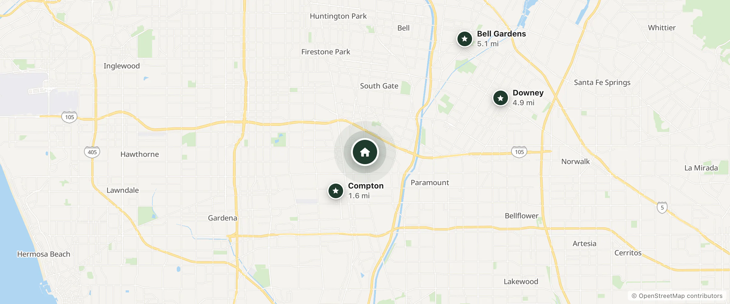 Map of Clover Motel and nearby Compton, Downey and Bell Gardens