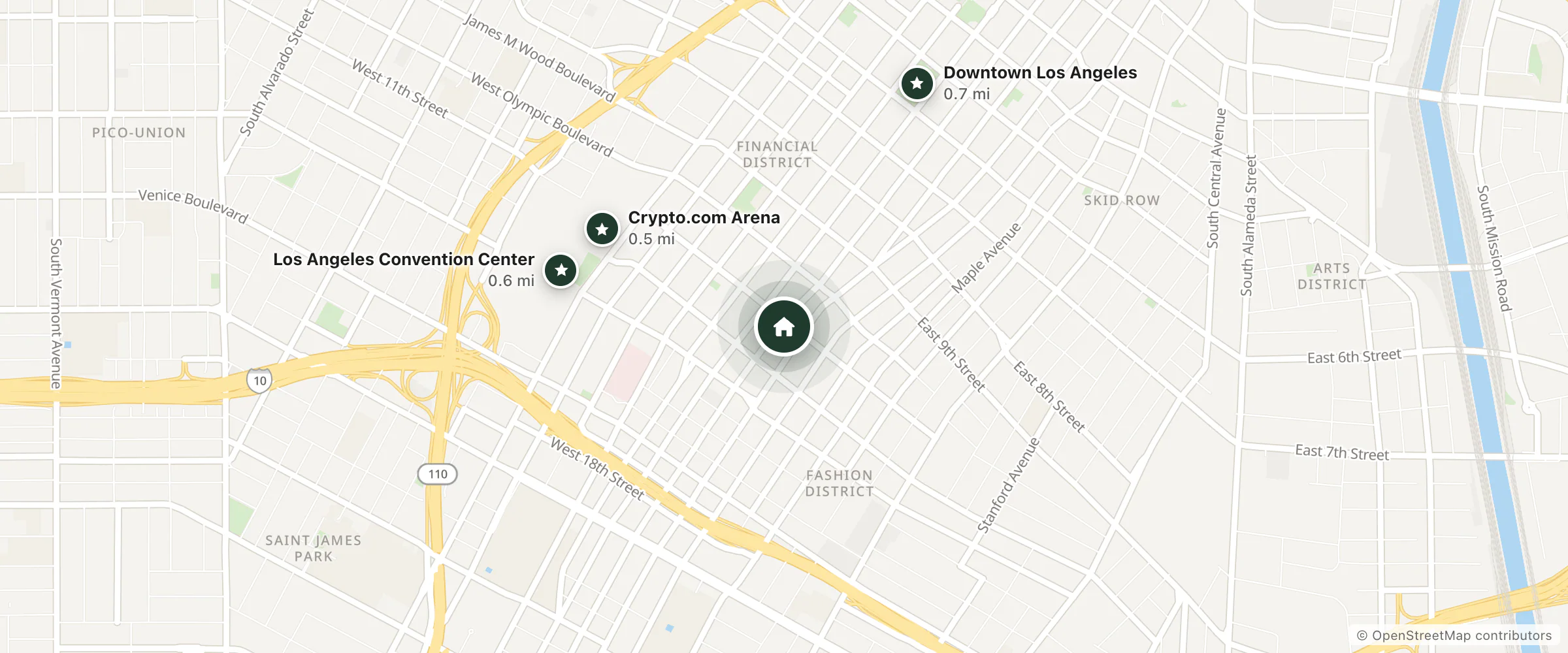 Map of Downtown LA Proper Hotel and nearby Crypto.com Arena, Los Angeles Convention Center and Downtown Los Angeles