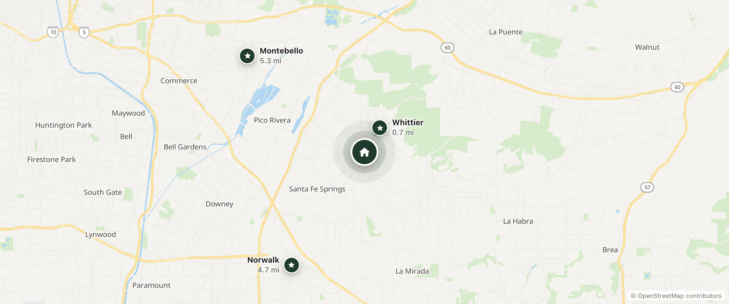 Map of Casa Blanca Inn & Suites and nearby Whittier, Norwalk and Montebello