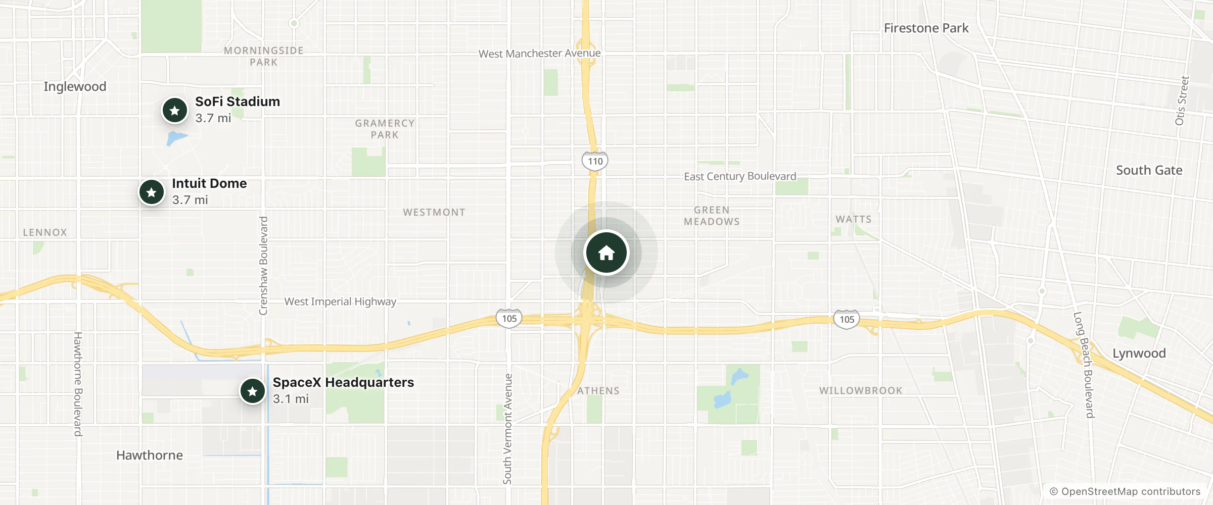 Map of Economy Motel and nearby SpaceX Headquarters, SoFi Stadium and Intuit Dome